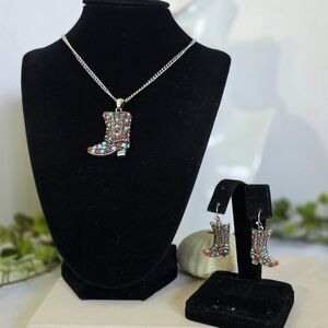 Silver Chain Necklace with Cowboy Boot Pendant and Matching Earrings